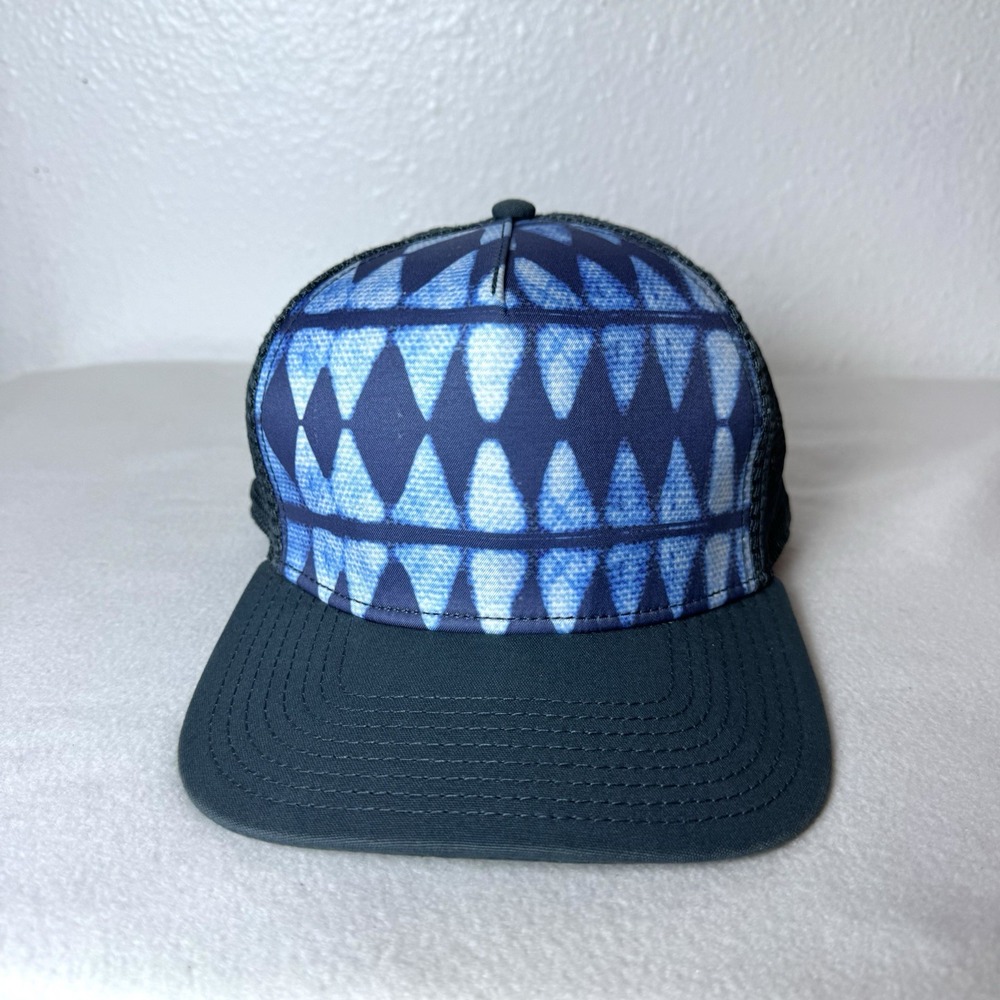 Prana Roots Studio Trucker Hat Blue Geometric Mesh Back Cap SnapBack Beach
